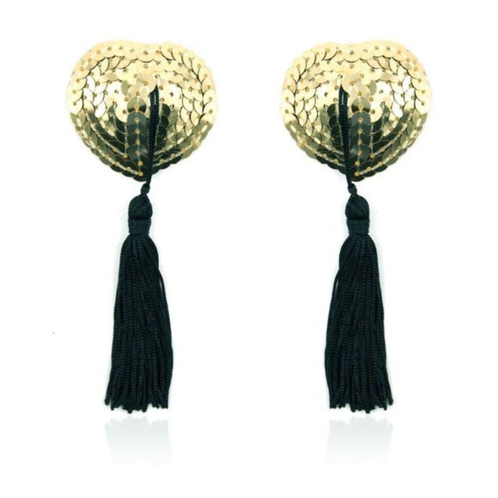 Pasties ~ Golden Adhesive Sequin W/ Tassels Heart